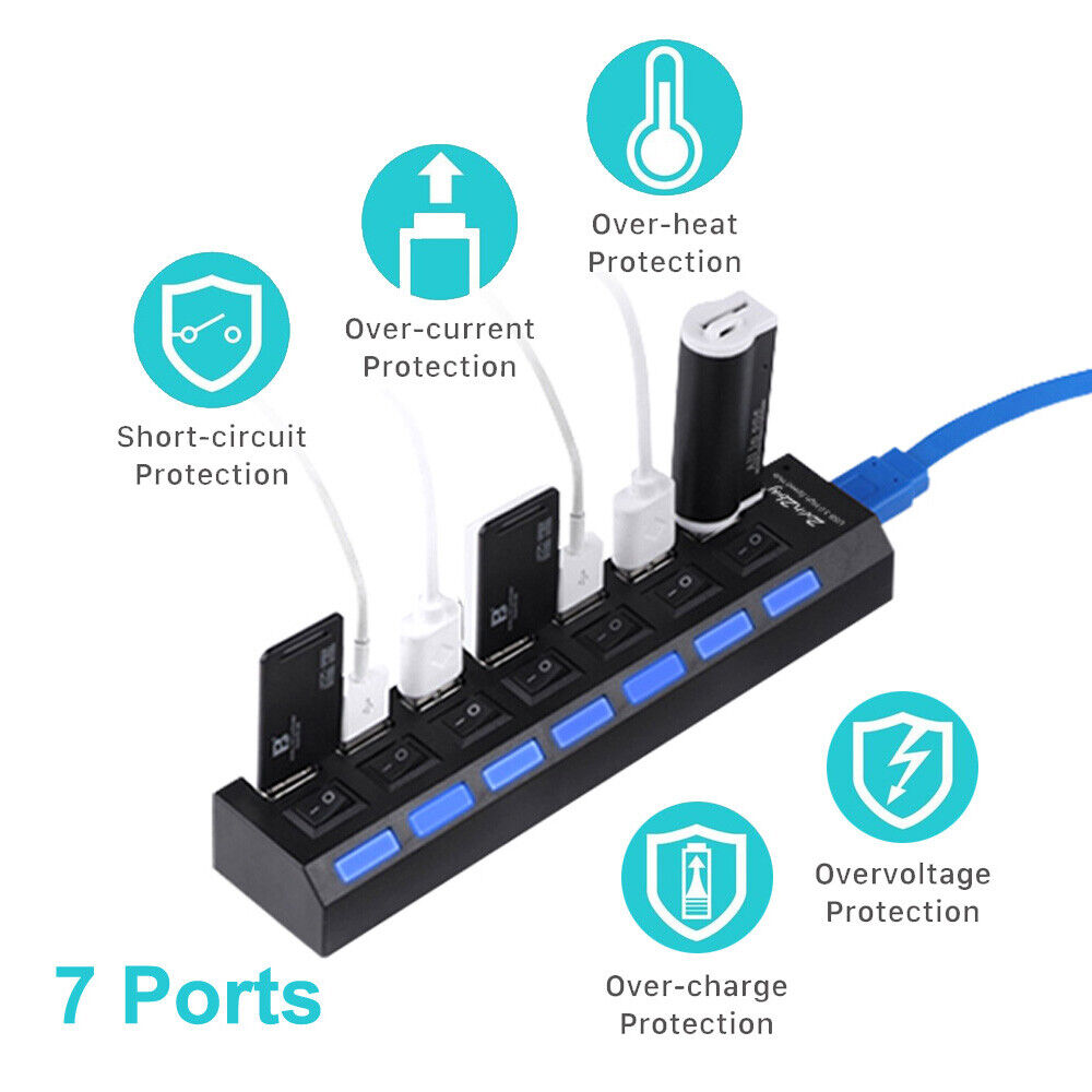 7 Ports USB 3.0 Powered Hub with AC Adapter and ON/OFF Switch