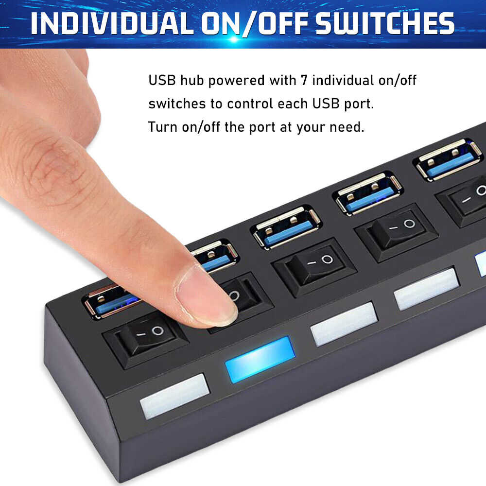 7-Port USB 3.0 Hub with Individual On/Off Switches and AC Adapter