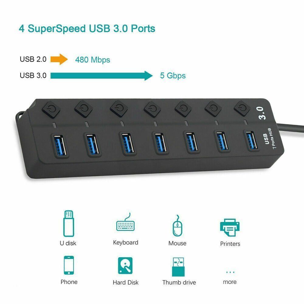 7 Port USB 3.0 Hub Splitter Adapter - High-Speed Data Transfer and Charging