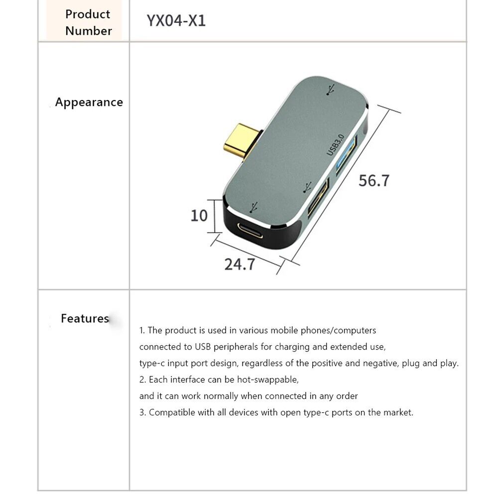 6-in-1 Type-C Hub with 3.5mm Jack, PD100W, USB3.0/2.0/3.1, HDMI