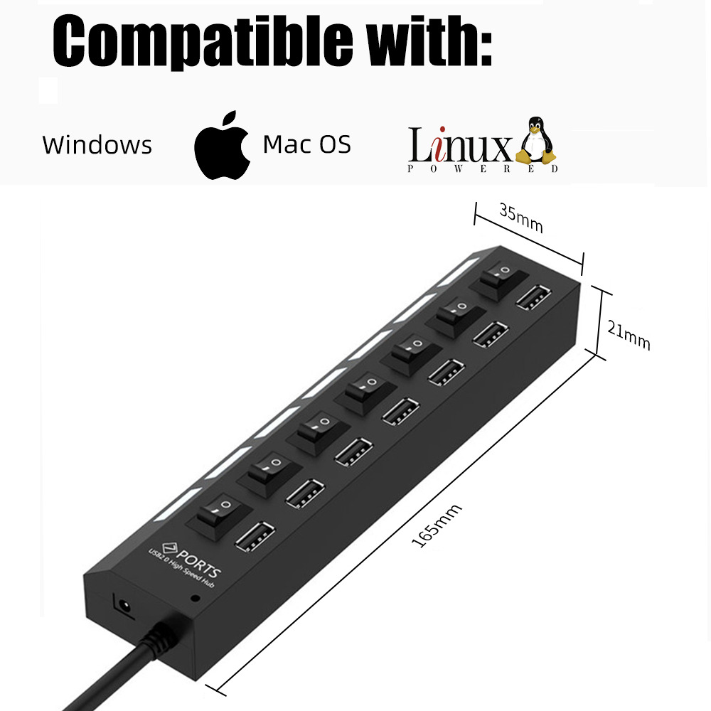 7-Port USB 2.0 LED Powered Hub - High-Speed Splitter Extender