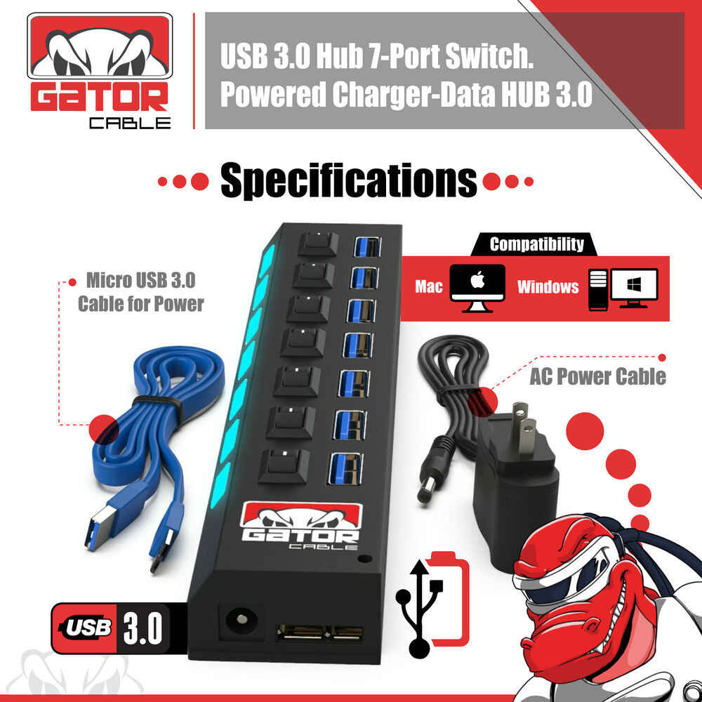 7-Port USB 3.0 Hub with AC Adapter for PC and Laptop