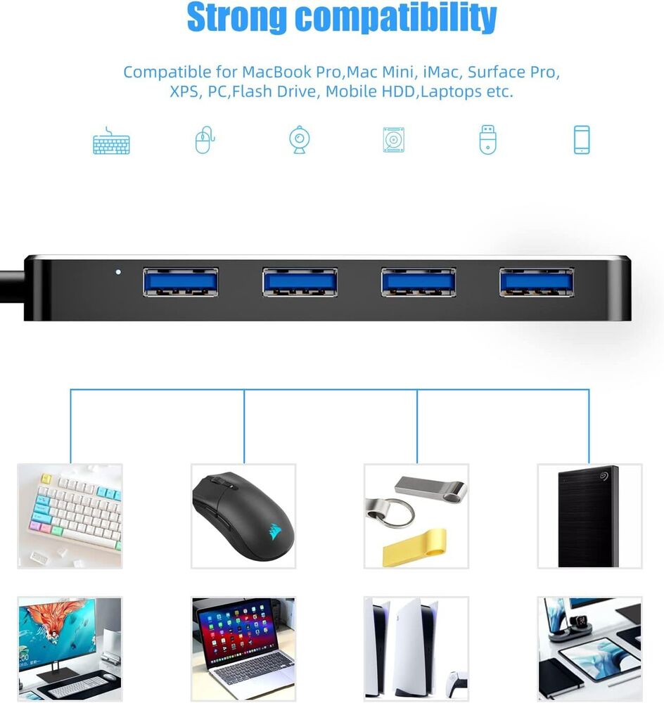 4 Port USB 3.0 Hub Splitter - High-Speed Connectivity for Multiple Devices