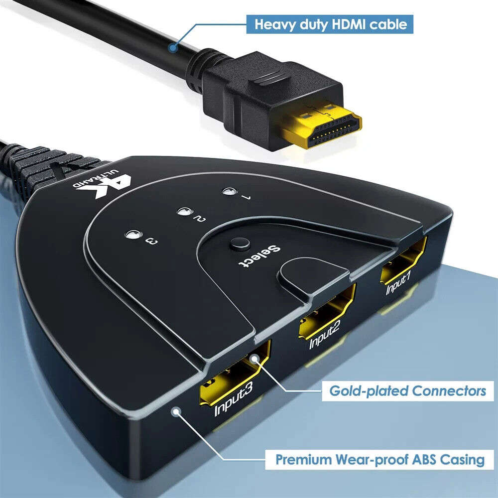 4K HDMI 3-Port Switcher Cable Hub Adapter for Gaming Consoles and HDTV