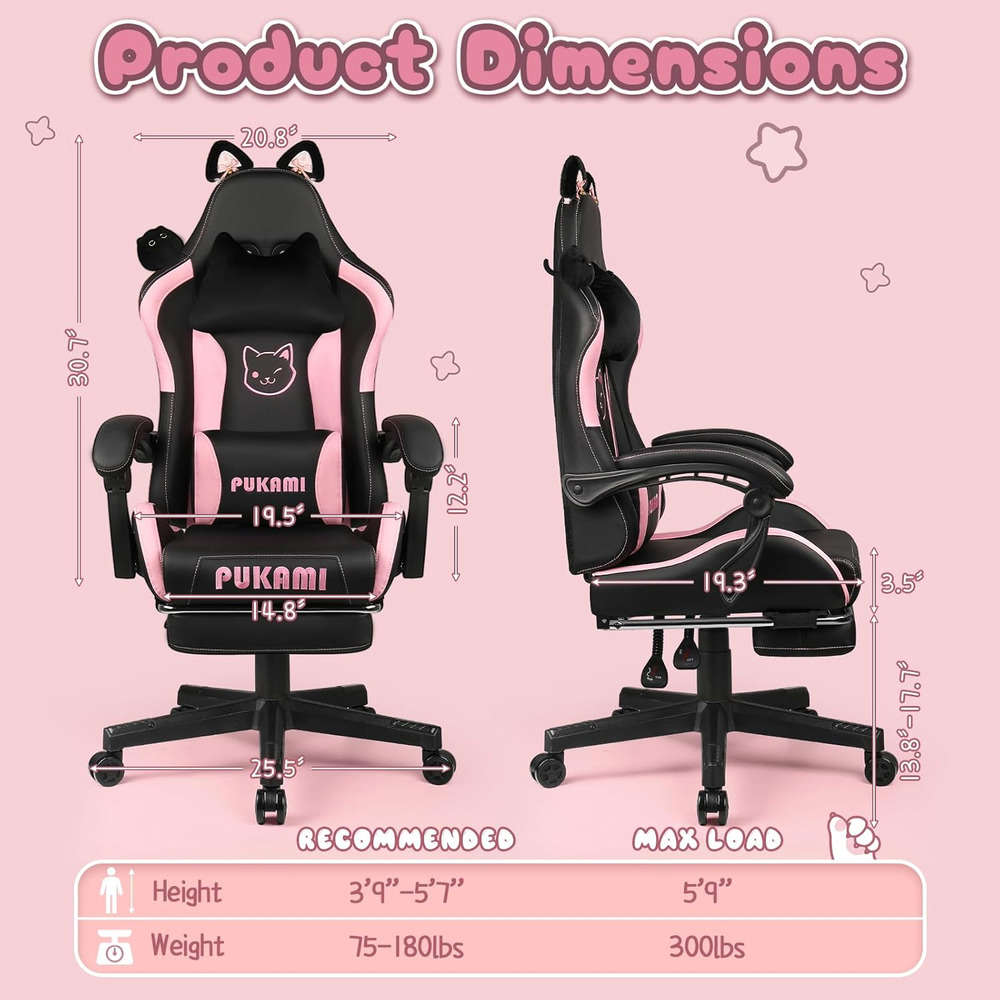 Ergonomic Gaming Chair with Cute Cat Ears for Girls