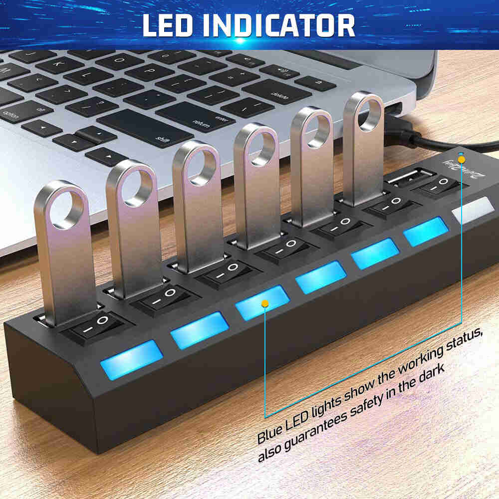 7-Port USB 3.0 Hub with Individual On/Off Switches and AC Adapter