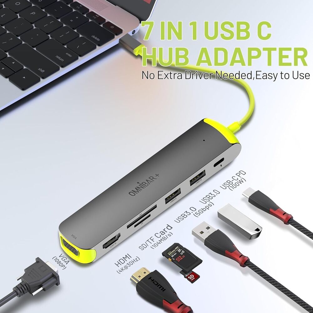 7-in-1 USB-C Hub with 4K HDMI, VGA, 100W PD