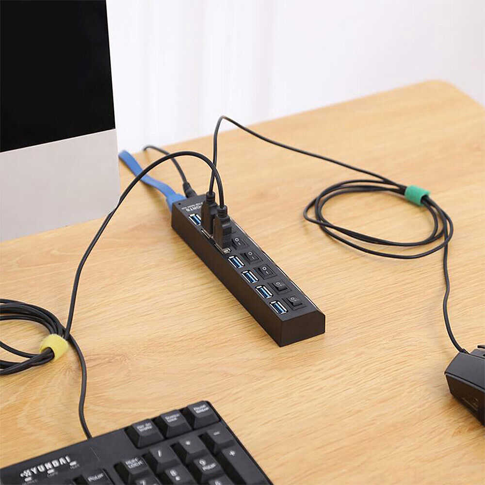 7-Port USB 3.0 Hub with Individual On/Off Switches and AC Adapter