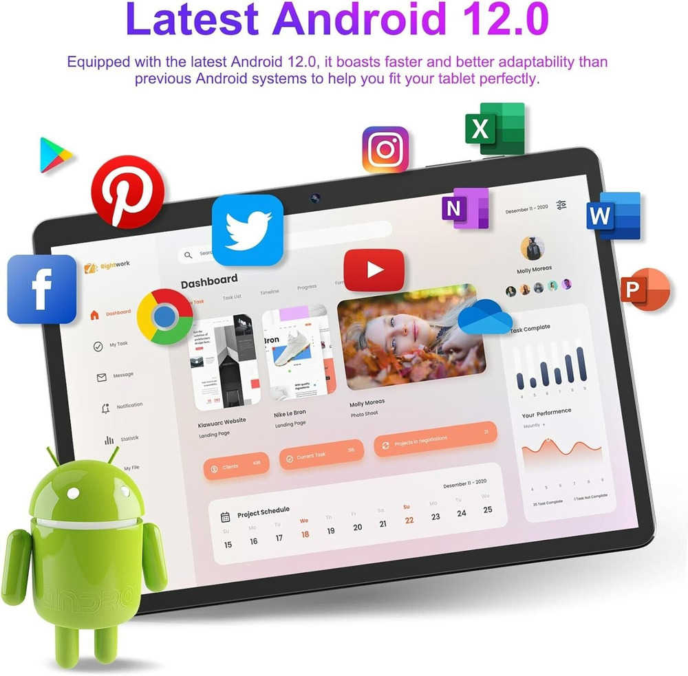 10.1" Android 12 Tablet with 128GB Storage, Dual-Core Processor, Dual Cameras, and Netflix Support