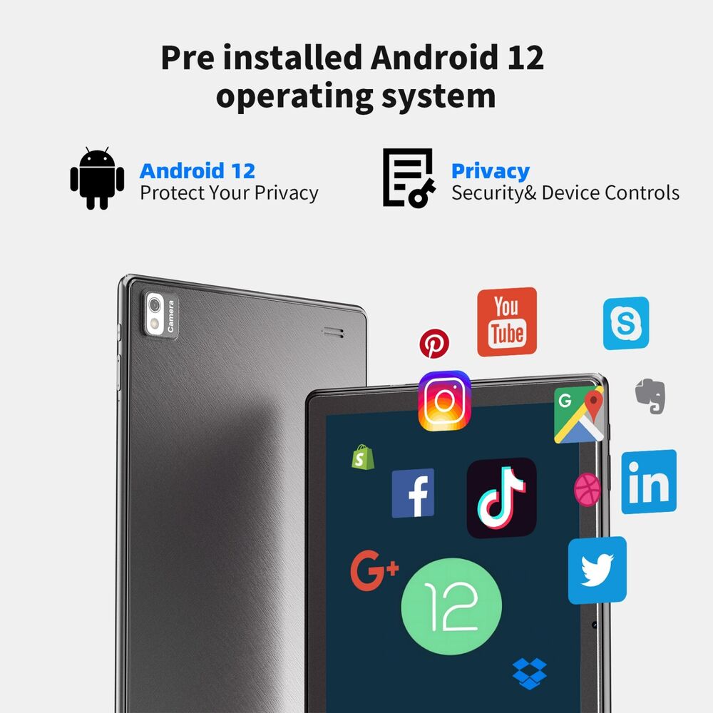 10.1" Android 12 Tablet with HD Display, Dual Cameras, and 32GB-128GB Storage