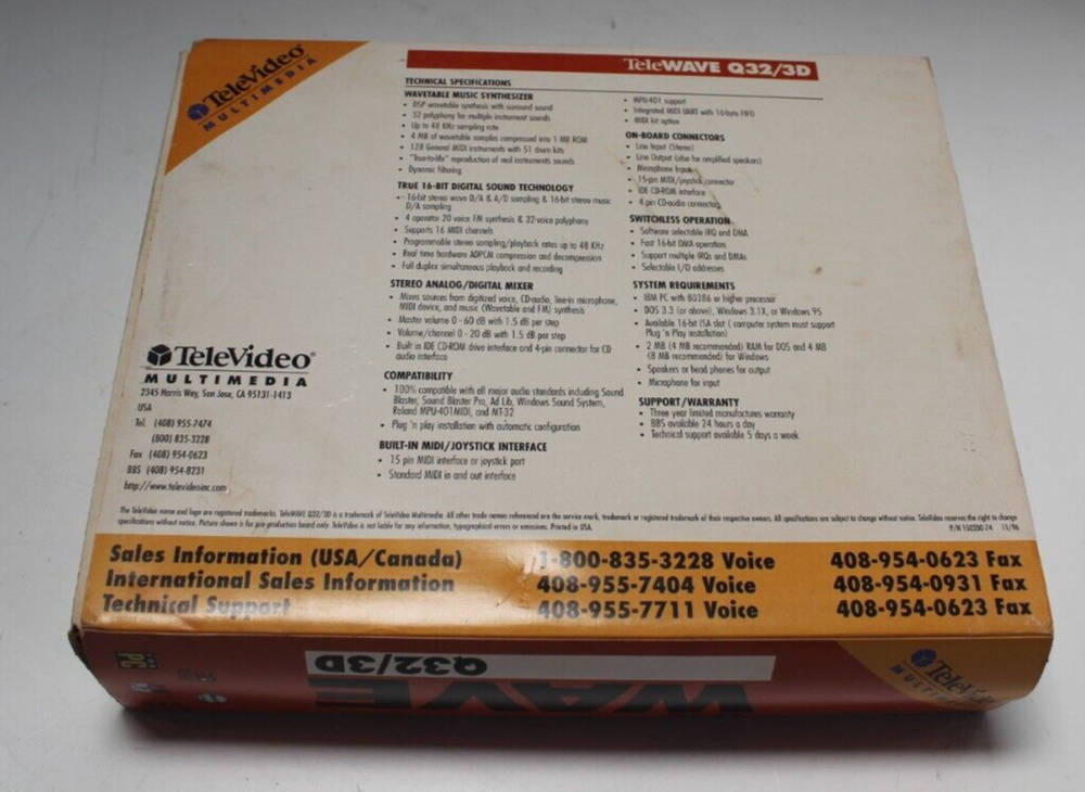 Vintage AdWave 32 TeleWave Q32/3D OPTi 82C931 ISA Sound Card - New