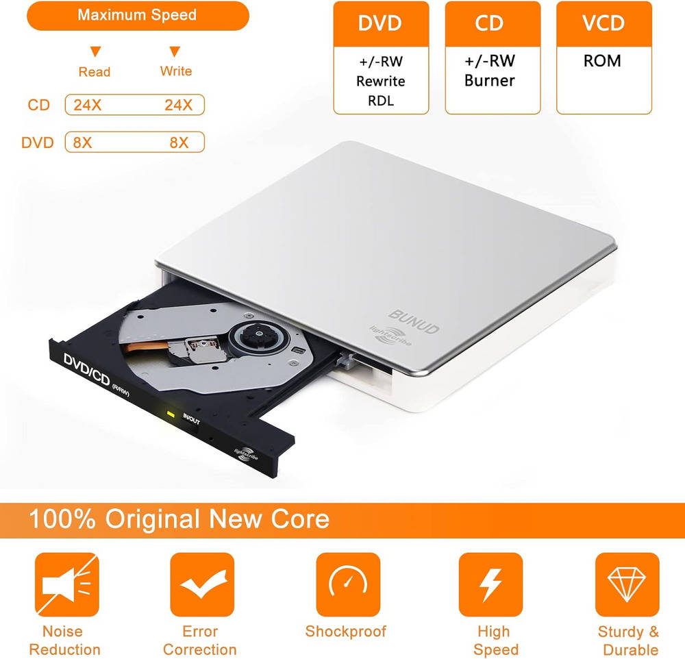 Portable Lightscribe CD/DVD Burner with External Drive