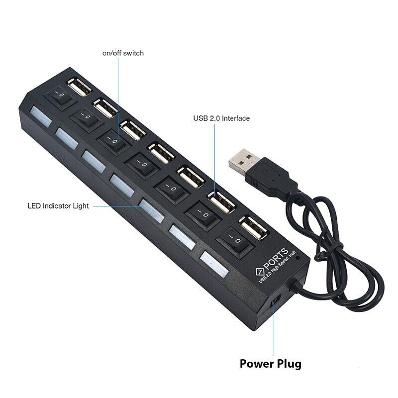 7 Port High-Speed USB 2.0/3.0 Hub Splitter Adapter for Multiple Devices