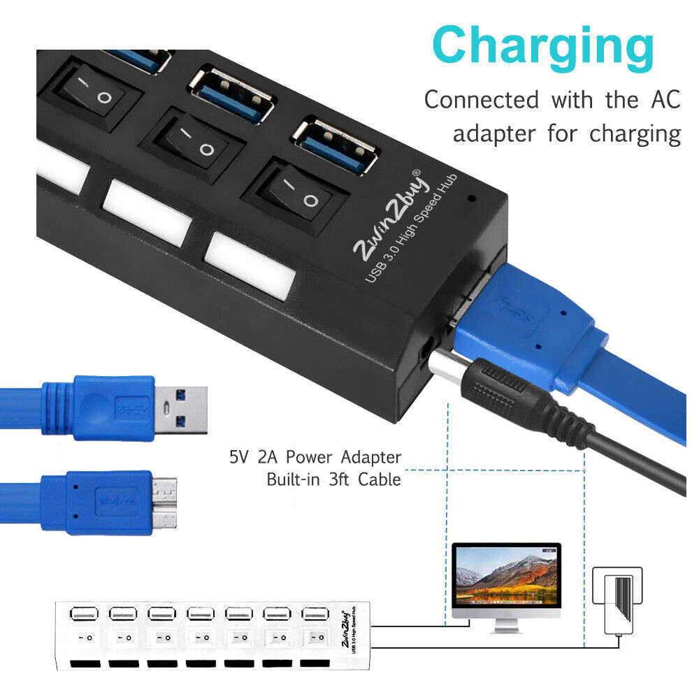 7 Ports USB 3.0 Powered Hub with AC Adapter and ON/OFF Switch