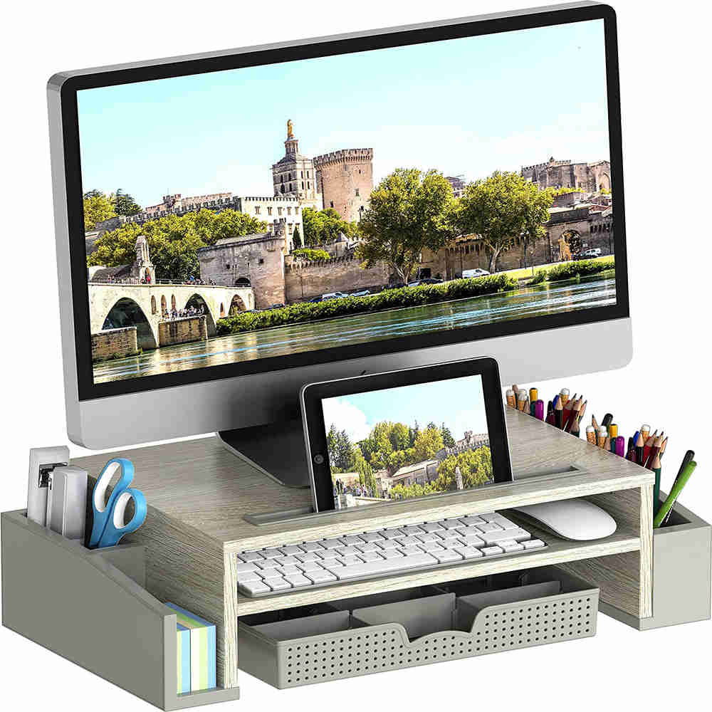 Ergonomic Maple Desk Monitor Stand with Adjustable Organizer Tray
