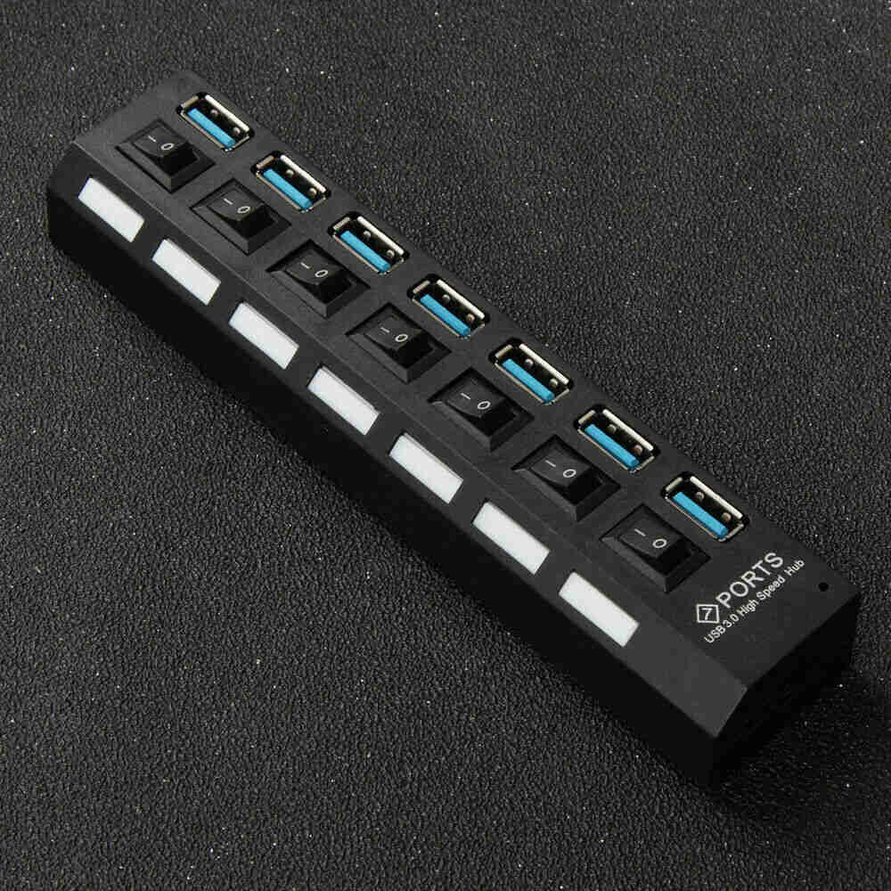 7 Ports USB 3.0 Powered Hub with AC Adapter and ON/OFF Switch