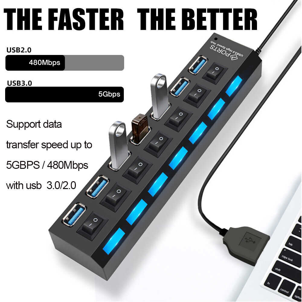 7 Port High-Speed USB 2.0/3.0 Hub Splitter Adapter for Multiple Devices