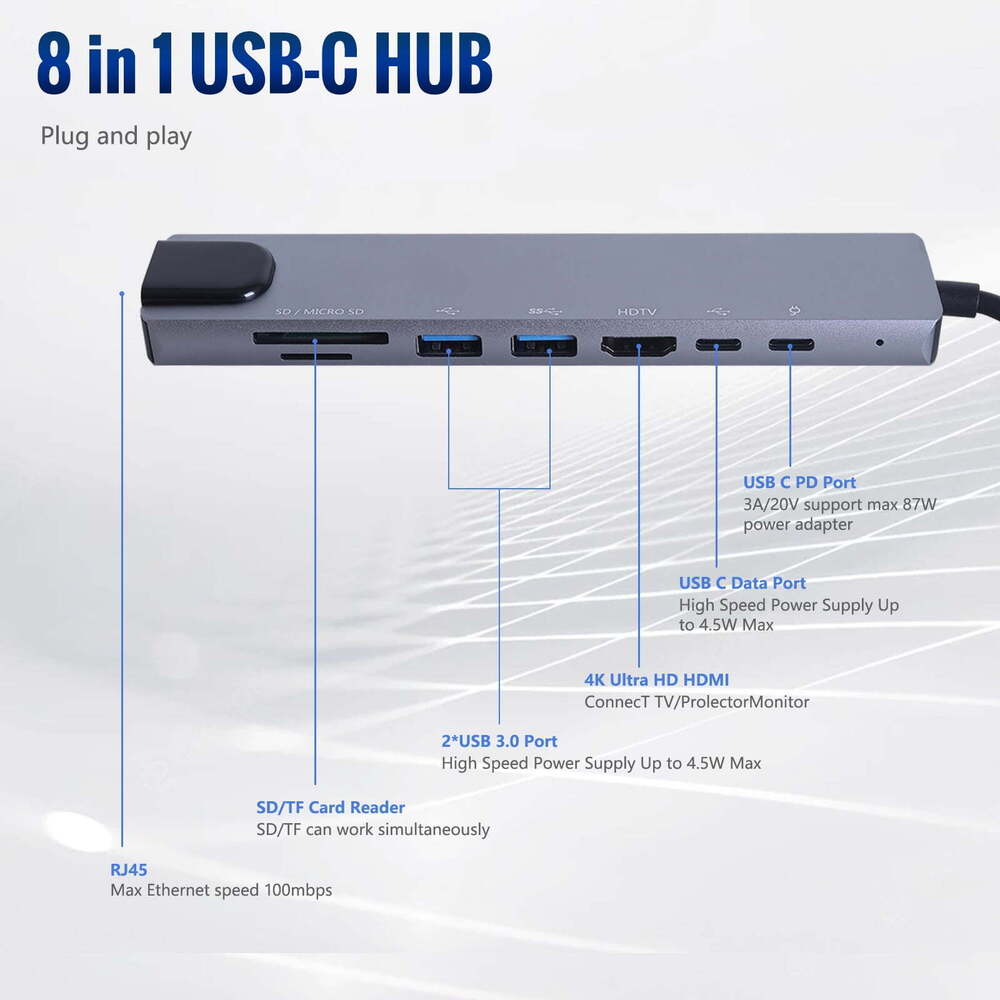 8 in 1 USB-C Hub Adapter for MacBook Pro/Air