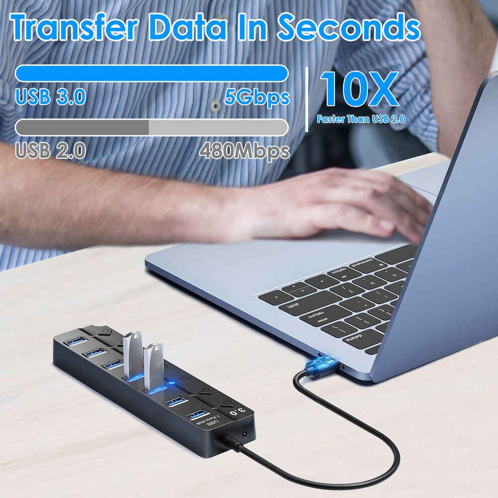 7 Port USB 3.0 Hub Splitter Adapter - High-Speed Data Transfer and Charging