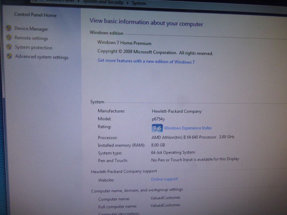 HP Pavilion P6754Y PC Tower - AMD Athlon II X4 640 3.0GHz, 8GB RAM, 1TB HDD, Windows 7 Home