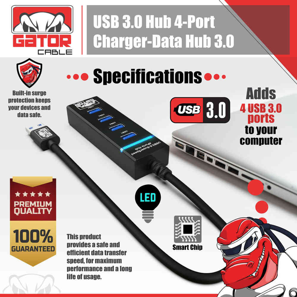 4-Port USB 3.0 Hub with LED Indicator - High-Speed Data Transfer and Charging
