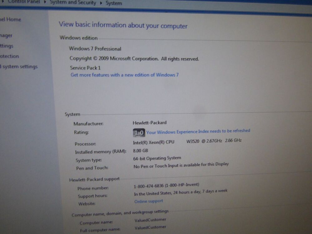 HP Workstation Z400 Xeon W3520 2.66GHz, 8GB RAM, 250GB HDD, Windows 7 Pro