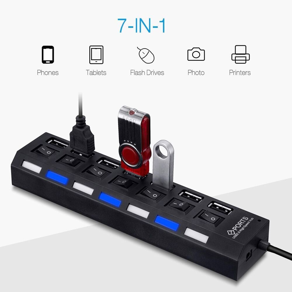7 Port USB 2.0 Hub with LED Indicator - High-Speed Data Transfer for Multiple Devices