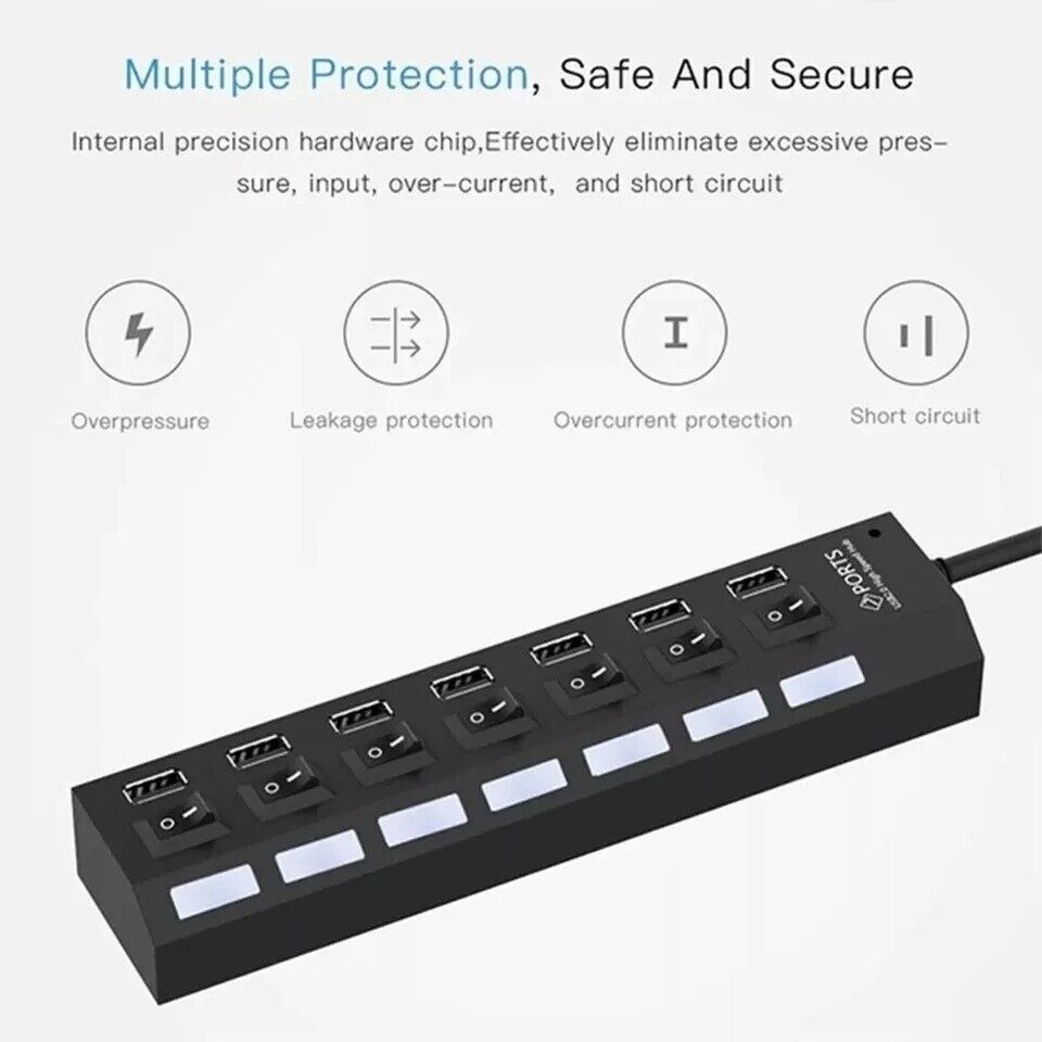 7 Port High-Speed USB 2.0/3.0 Hub Splitter Adapter for Multiple Devices