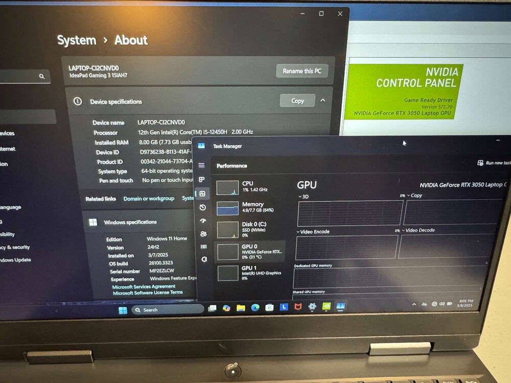 Lenovo IdeaPad Gaming 3 15IAH7 Laptop - i5-12450H, RTX 3050, 8GB RAM, 512GB SSD