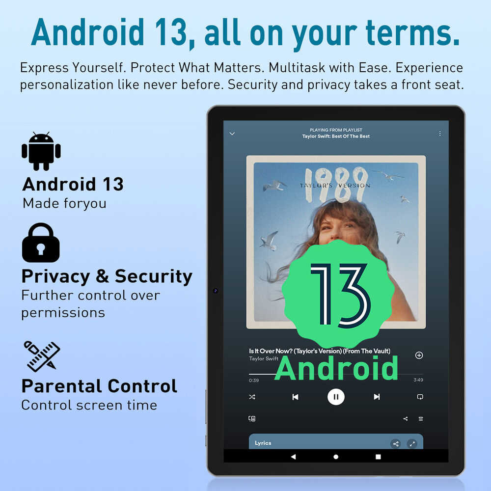 10.1" Android 13 Tablet with HD Display, 128GB Storage, Quad-Core Processor