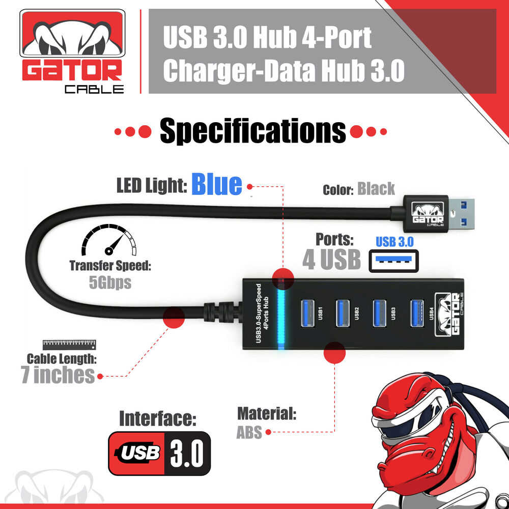 4-Port USB 3.0 Hub with LED Indicator - High-Speed Data Transfer and Charging