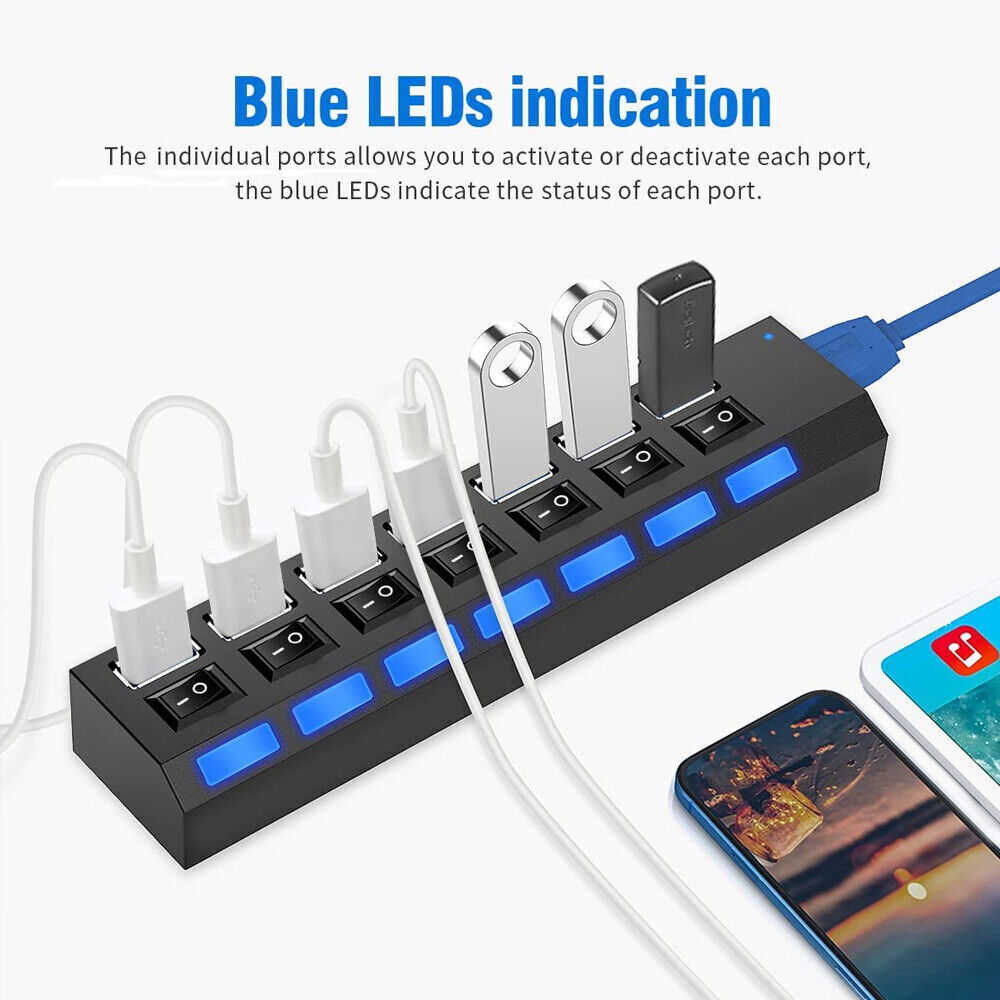 7-Port USB 3.0 Hub with Individual On/Off Switches and AC Adapter