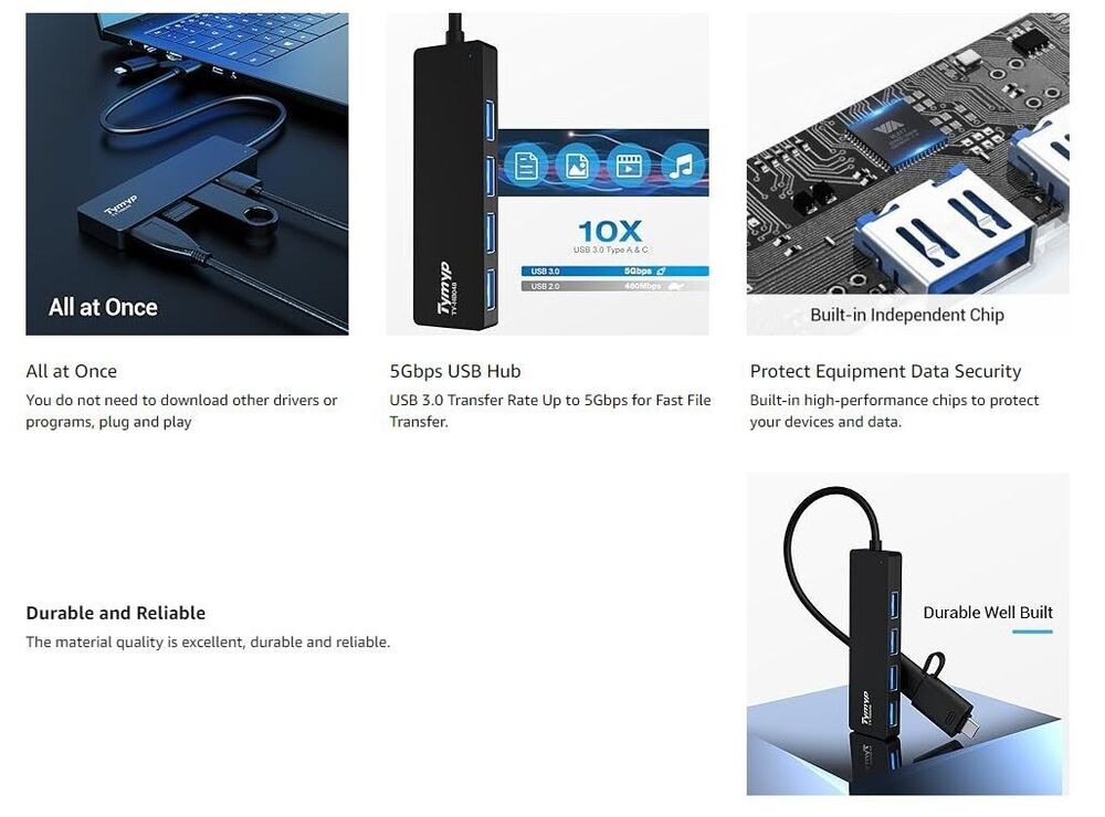 4-Port USB 3.0 Hub with 5Gbps Transfers and USB-C Adapter for Mac