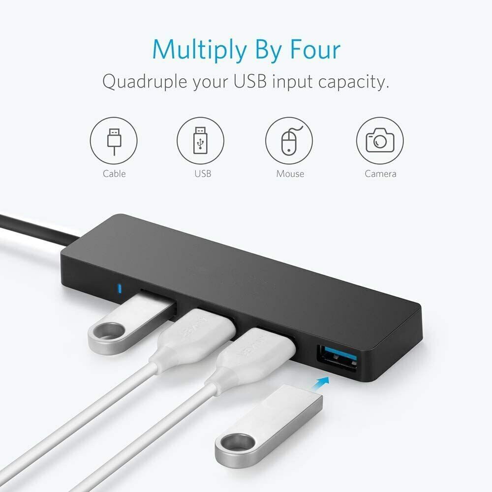 4-Port USB 3.0 Hub Adapter with Charger - Slim Design for High-Speed Data Transfer