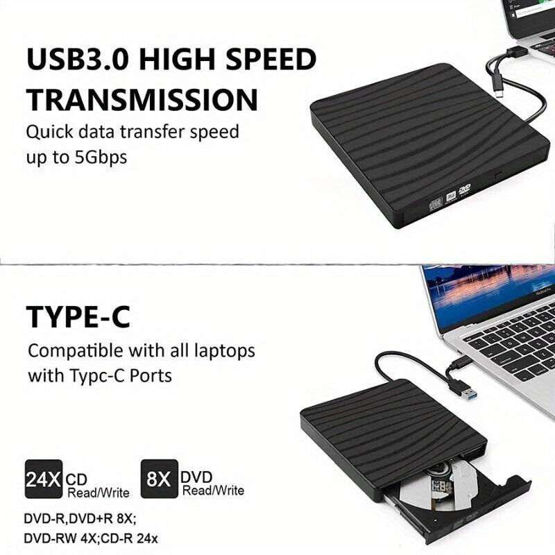 USB 3.0 Type-C Portable DVD CD+/-RW External Optical Drive for Laptops and Desktops