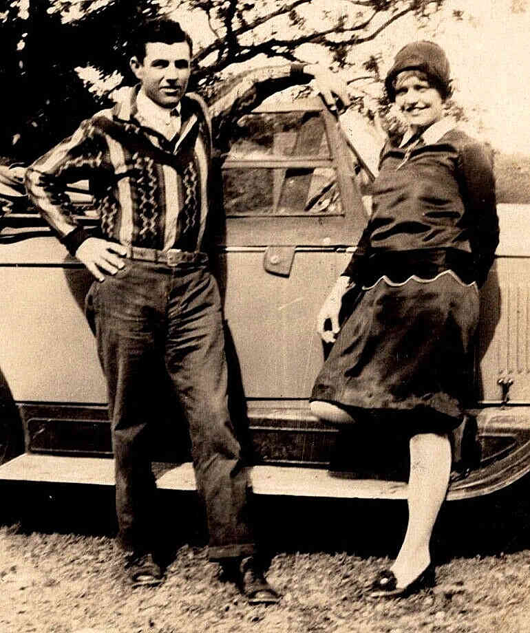 Vintage Outdoor Antique Photo - Car, Man, Lady, Woman, Girl with Hats