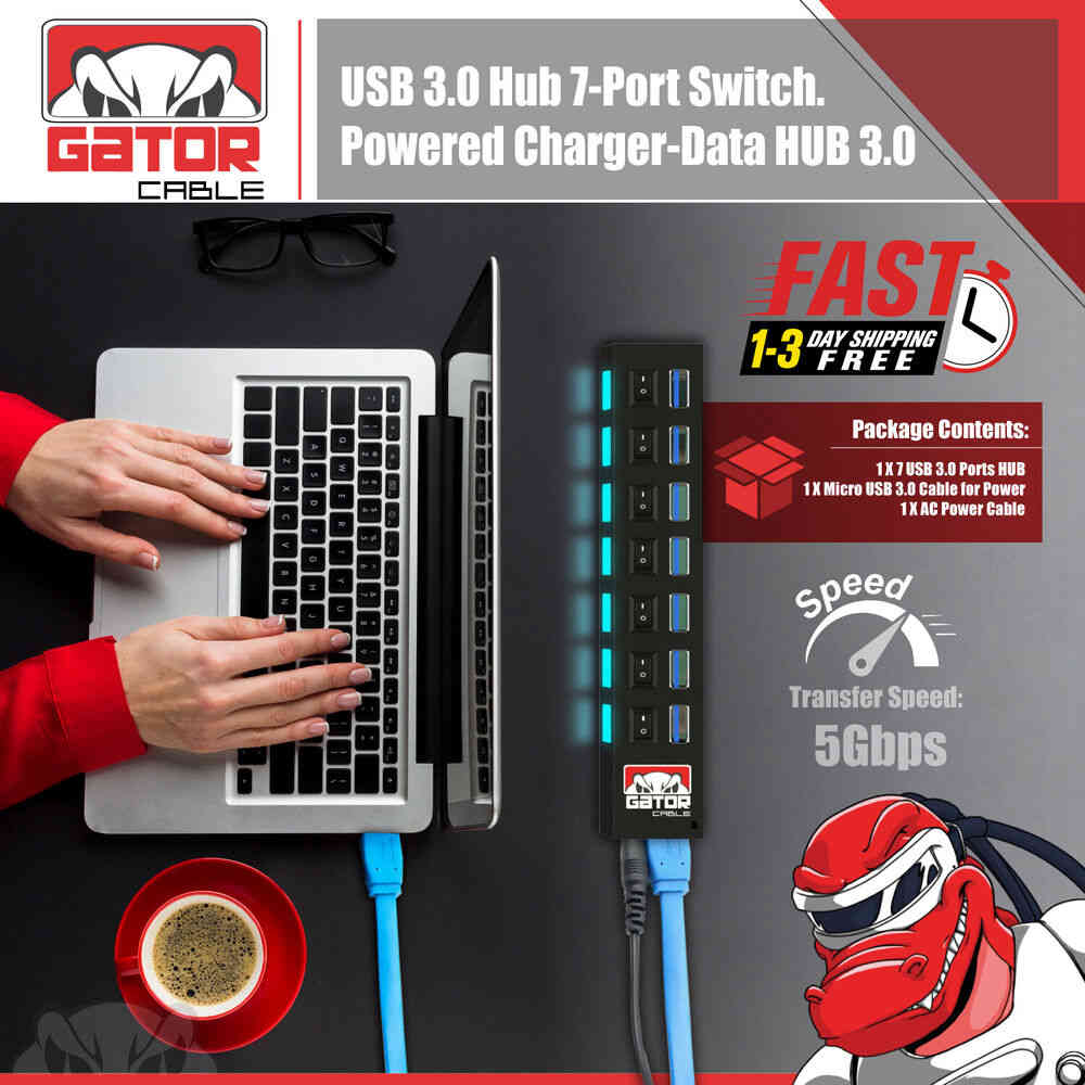 7-Port USB 3.0 Hub with AC Adapter for PC and Laptop