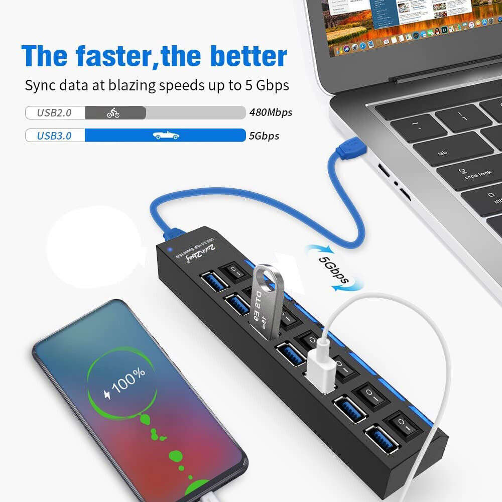 7-Port USB 3.0 Hub with Individual On/Off Switches and AC Adapter