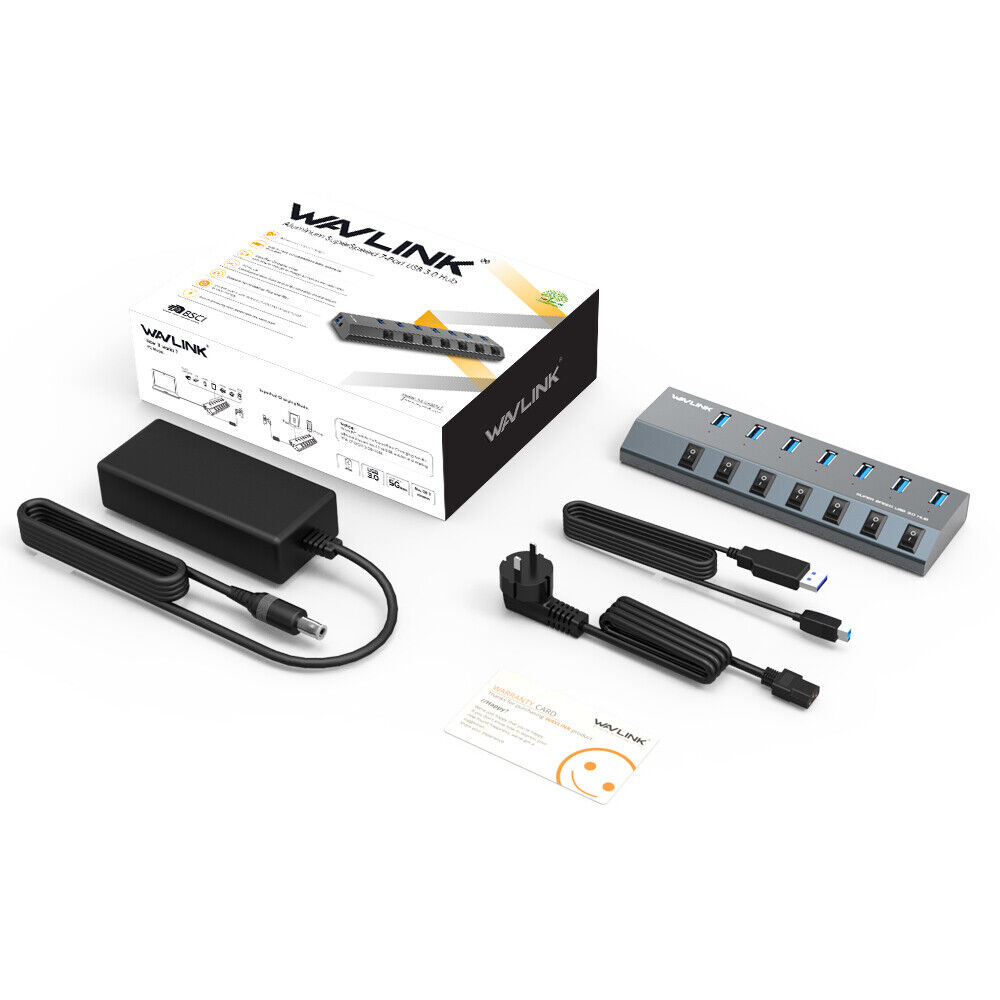 7-Port USB 3.0 Hub with 12V/4A Power Adapter for High-Speed Data Transfer