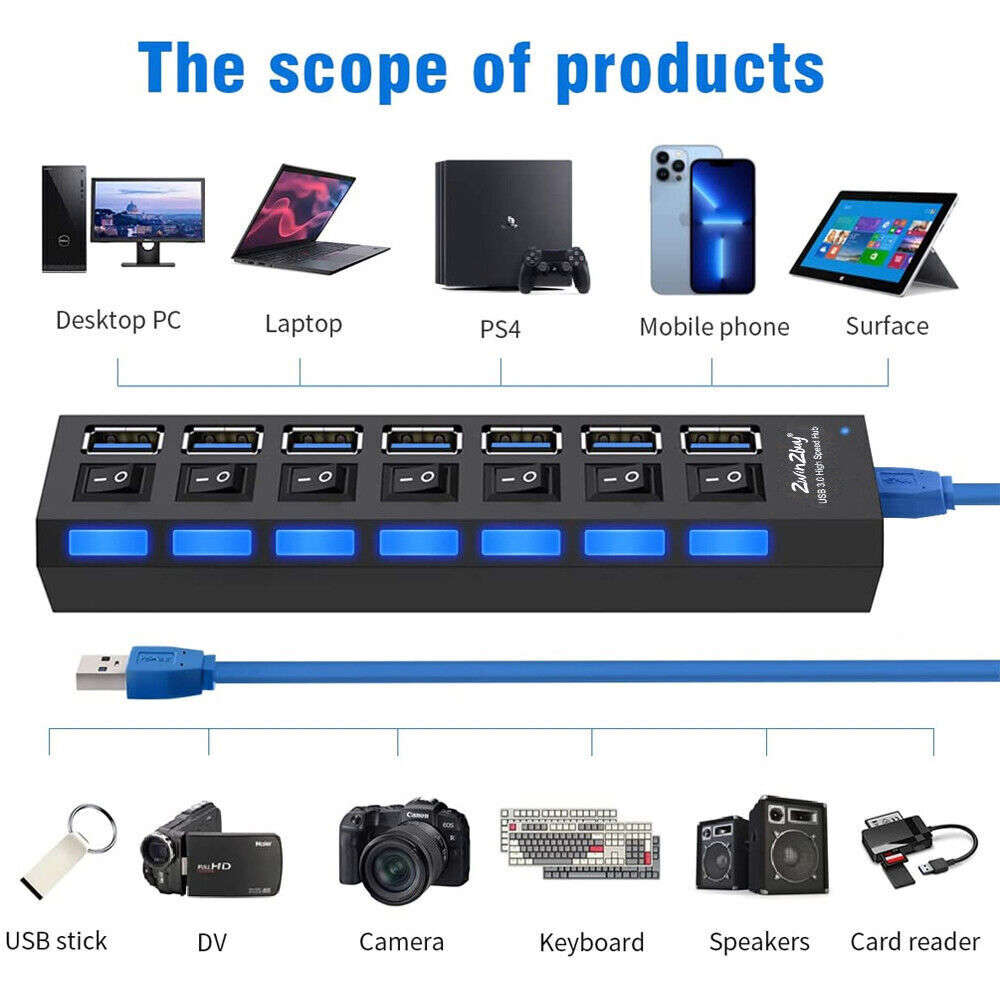 7-Port USB 3.0 Hub with Individual On/Off Switches and AC Adapter