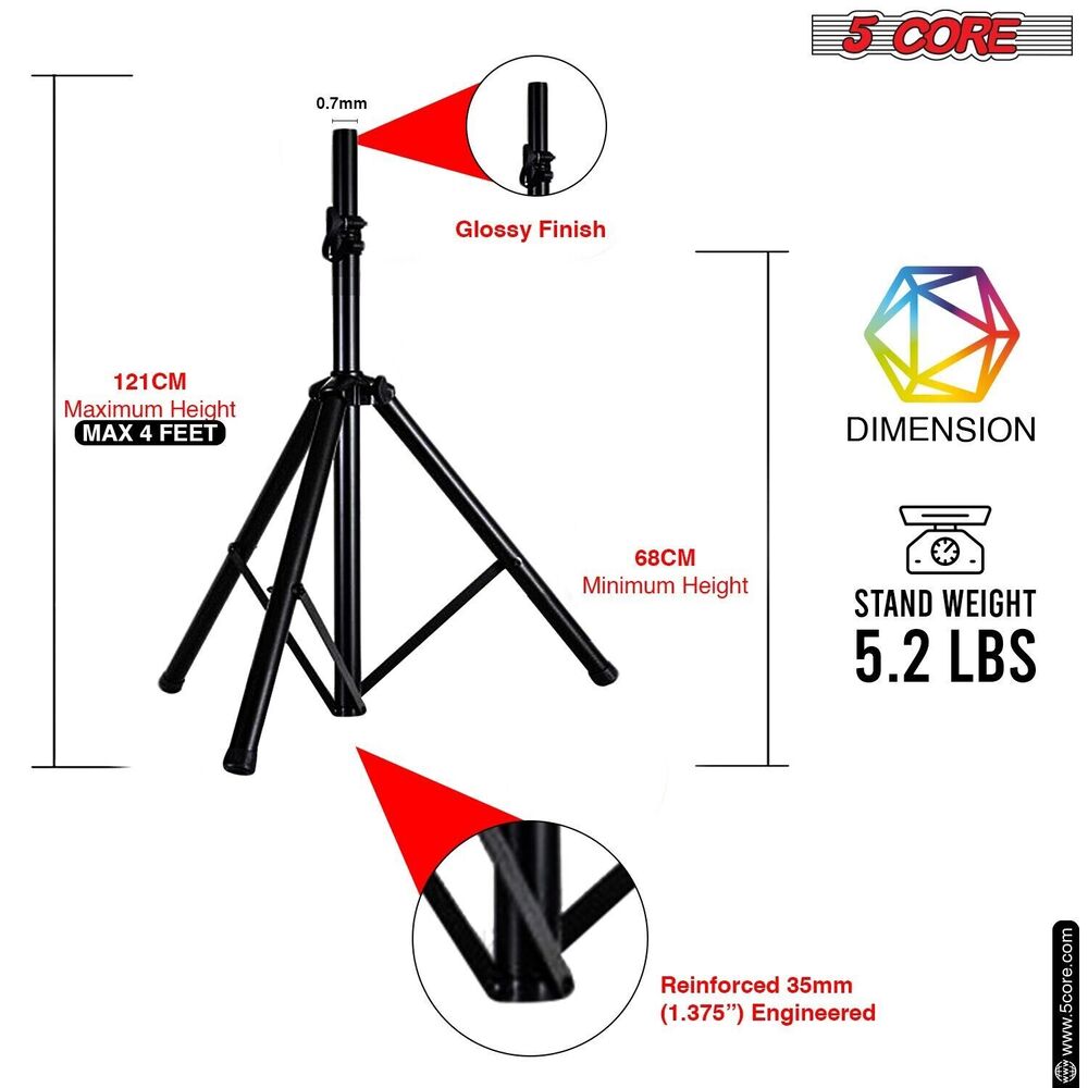 5Core Adjustable Tripod Speaker Stands for DJ Studio, 48 Inch Tall