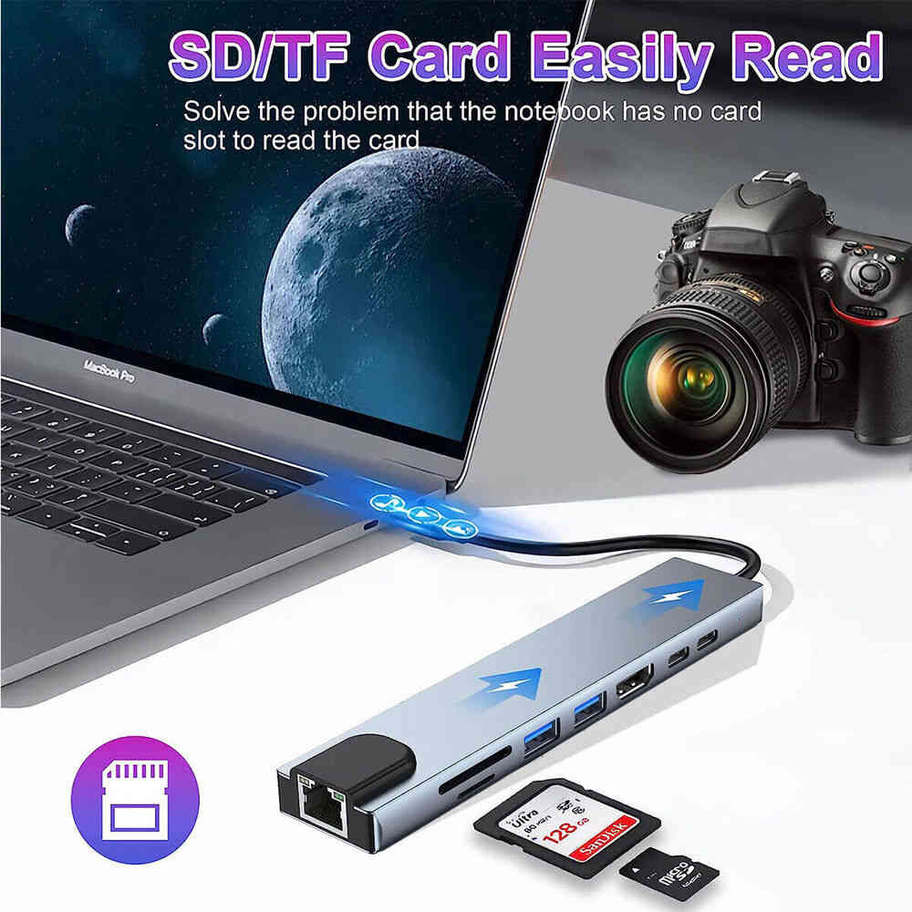 8-in-1 USB-C Hub with Multiple Ports for Enhanced Connectivity