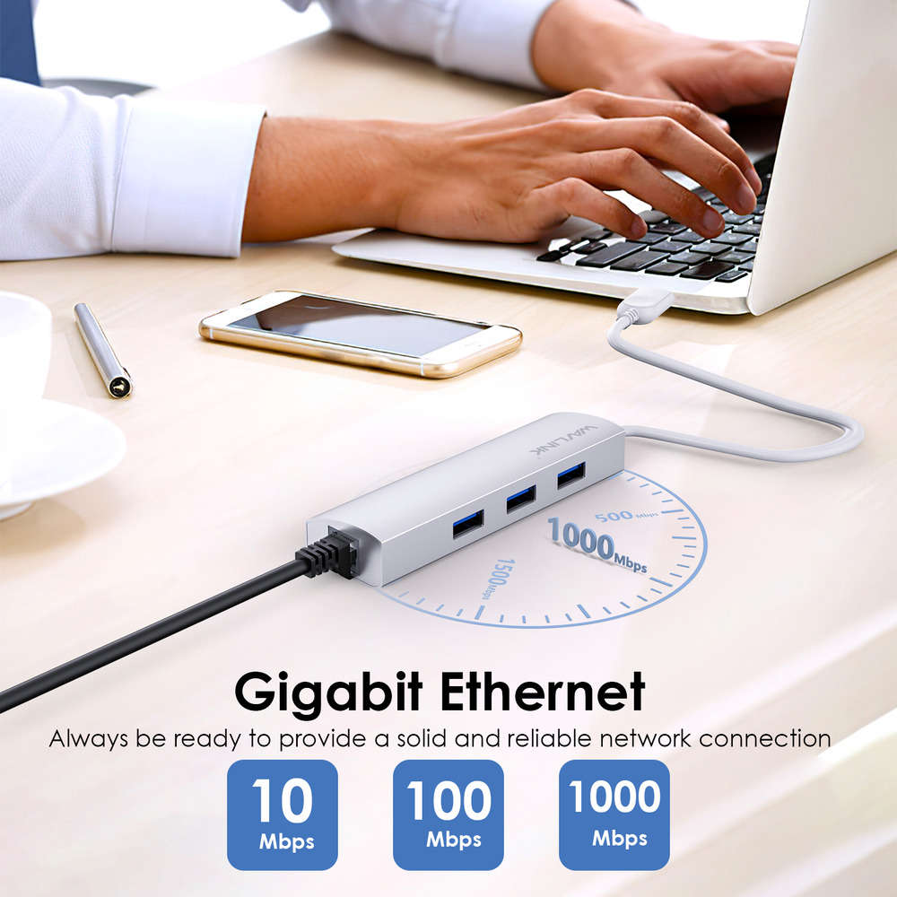 High-Speed USB 3.0 Gigabit Ethernet Adapter with 3-Port Hub