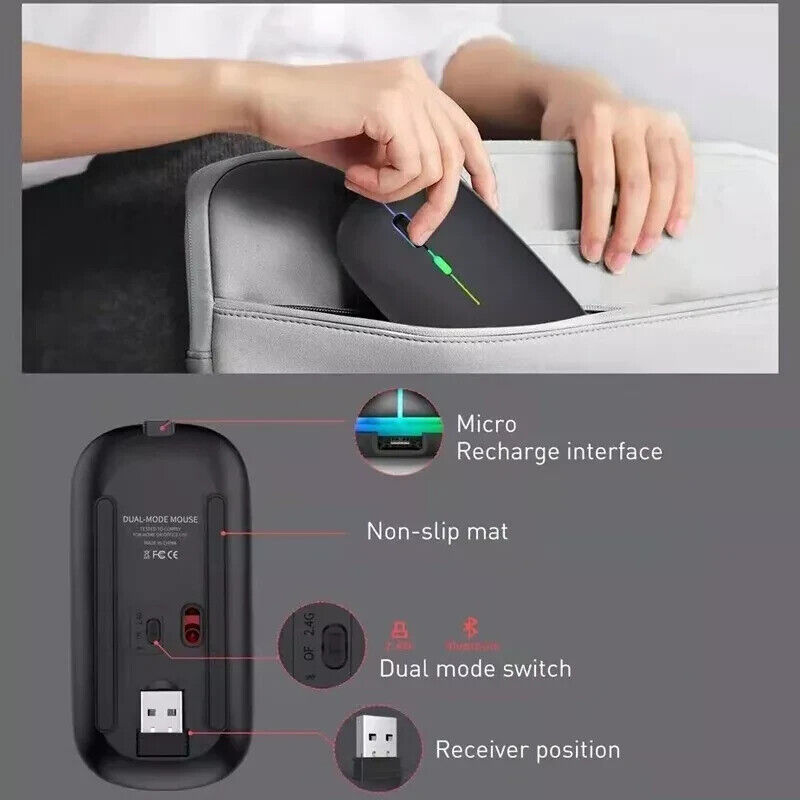 2.4GHz Bluetooth Wireless Optical Mouse with USB Rechargeable and RGB Lighting