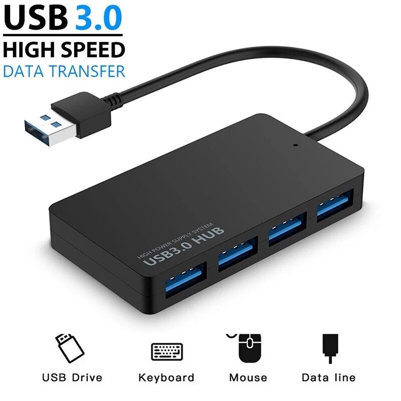 4 Port USB 3.0 Hub with Power Adapter for Enhanced Connectivity