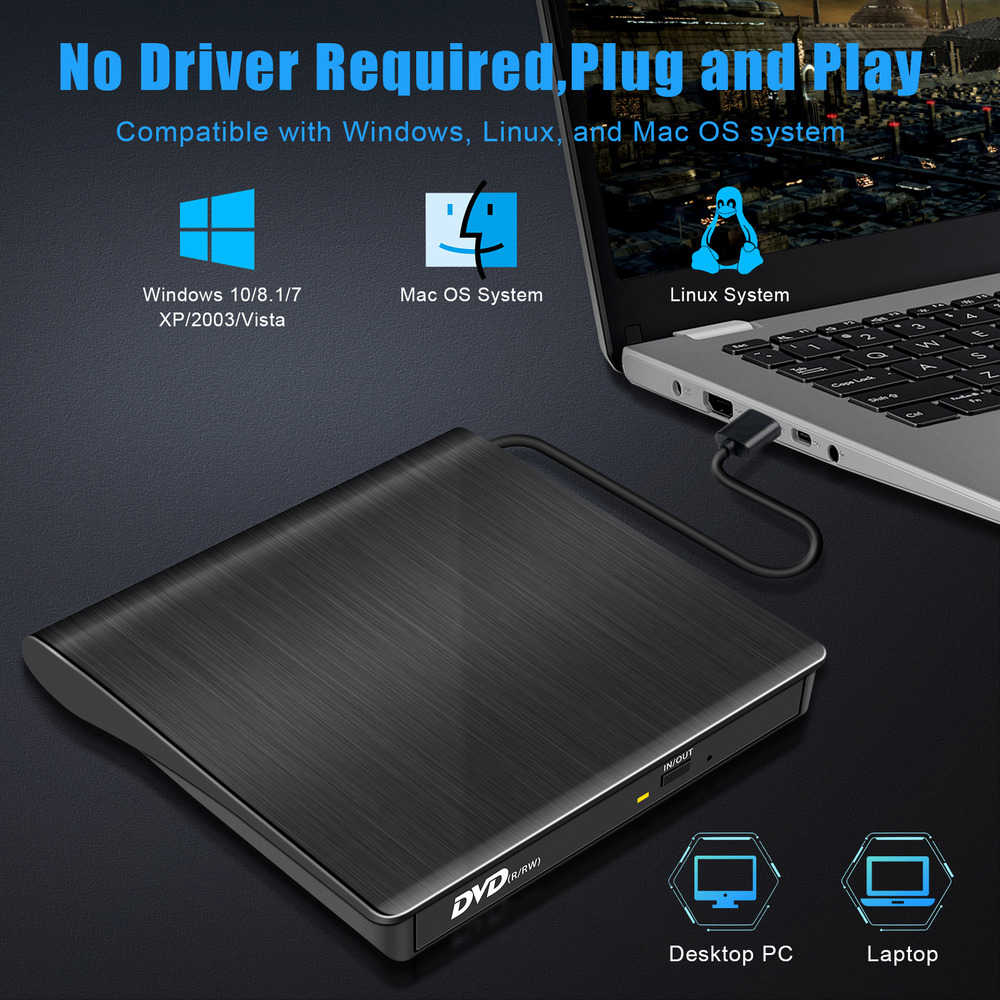 USB 3.0 Dual Port External DVD CD Drive with Optical Burner