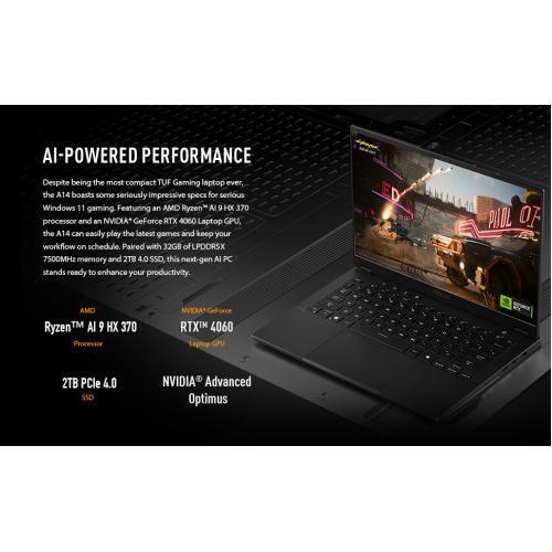ASUS TUF A14 14" WQXGA 165Hz Gaming Laptop with R9-HX370, 32GB RAM, 2TB SSD, RTX 4060