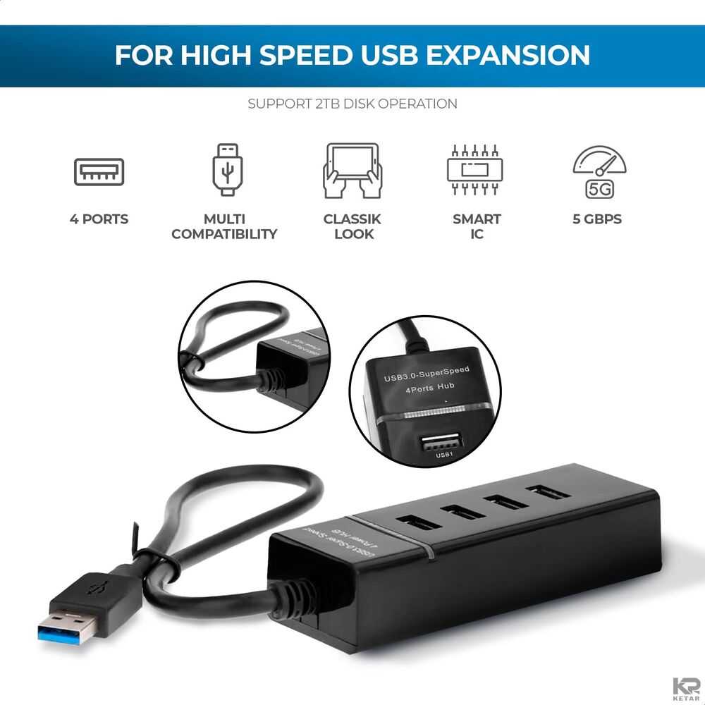 High-Speed USB 3.0 Hub with 4 Ports for Laptops and PCs