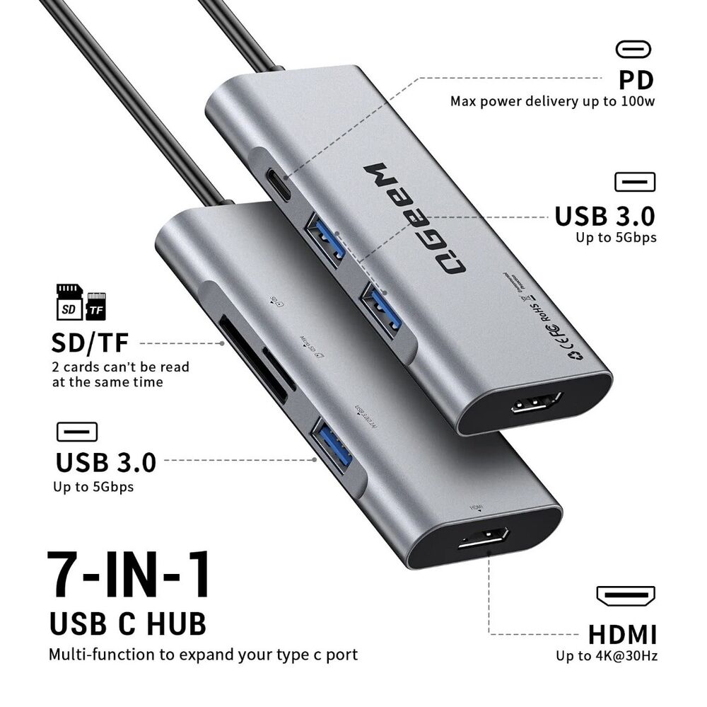QGeeM 7-in-1 USB C Hub with 4K HDMI, 100W Power Delivery