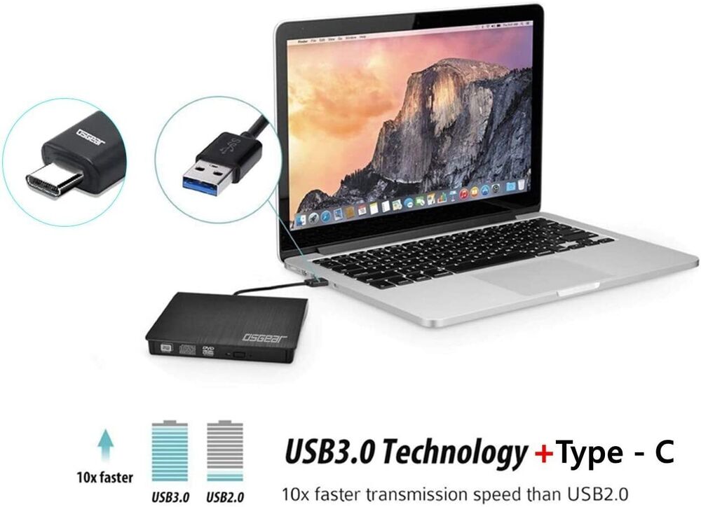 USB 3.0 Dual Port External DVD CD Drive with Optical Burner